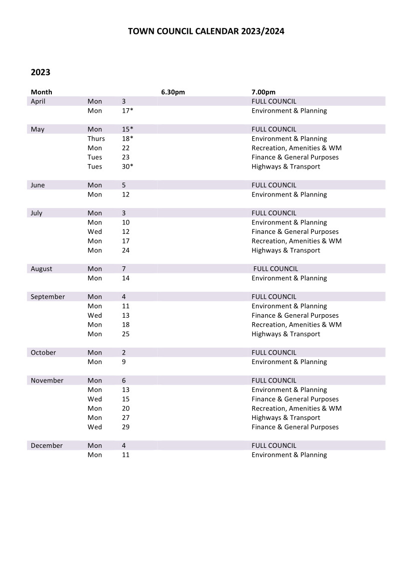 Town Council Calendar April 2023 - March 2024
